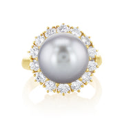 1.50 Carat Natural Diamond  Black Pearl Halo Ring in 18k Yellow Gold