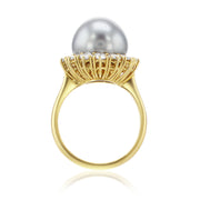 1.50 Carat Natural Diamond  Black Pearl Halo Ring in 18k Yellow Gold