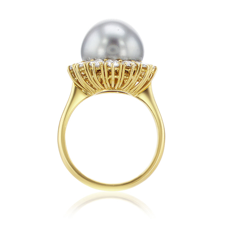 1.50 Carat Natural Diamond  Black Pearl Halo Ring in 18k Yellow Gold