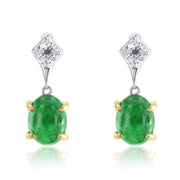 2.40 Carat Emerald And 0.30 Carat Round Natural Dangle Earrings in 14K White And Yellow Gold