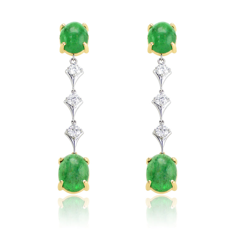 11.38 Carat Cabochon Emerald Earrings & 0.90 Carat Dangle Earrings set in 14K White & Yellow Gold