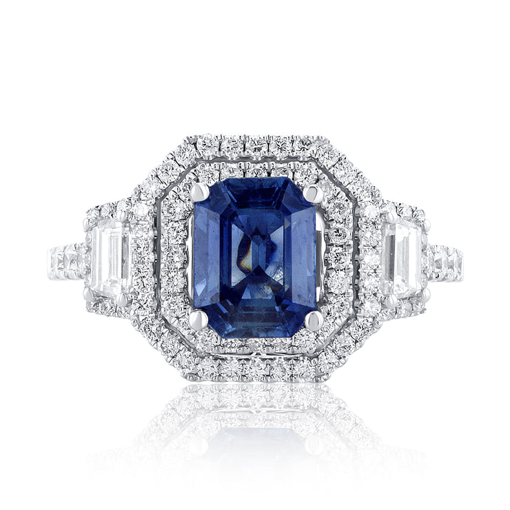 1.70 Carat Emerald Cut Natural Sapphire & Diamond Ring in 18K White Gold