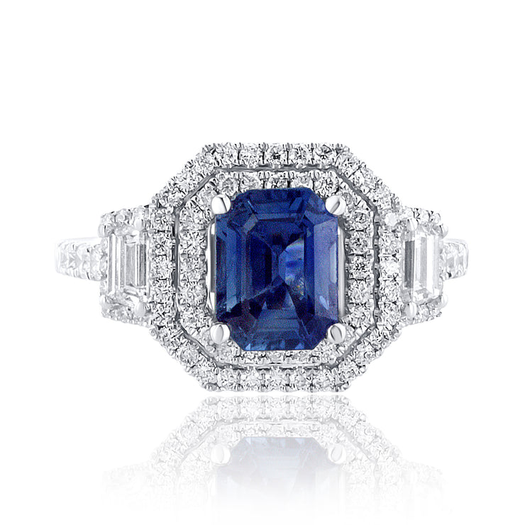 1.70 CT Sapphire/1.01 TW Natural Diamond Double Halo Ring in 18K White Gold