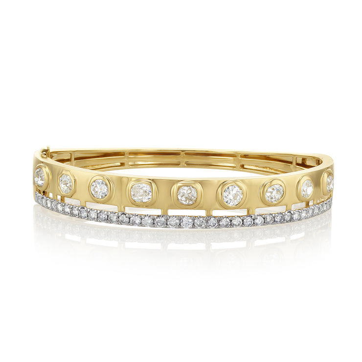 6.96 Carat Old Mine Cut Natural Diamond Bangle Bracelet in 14K Yellow Gold