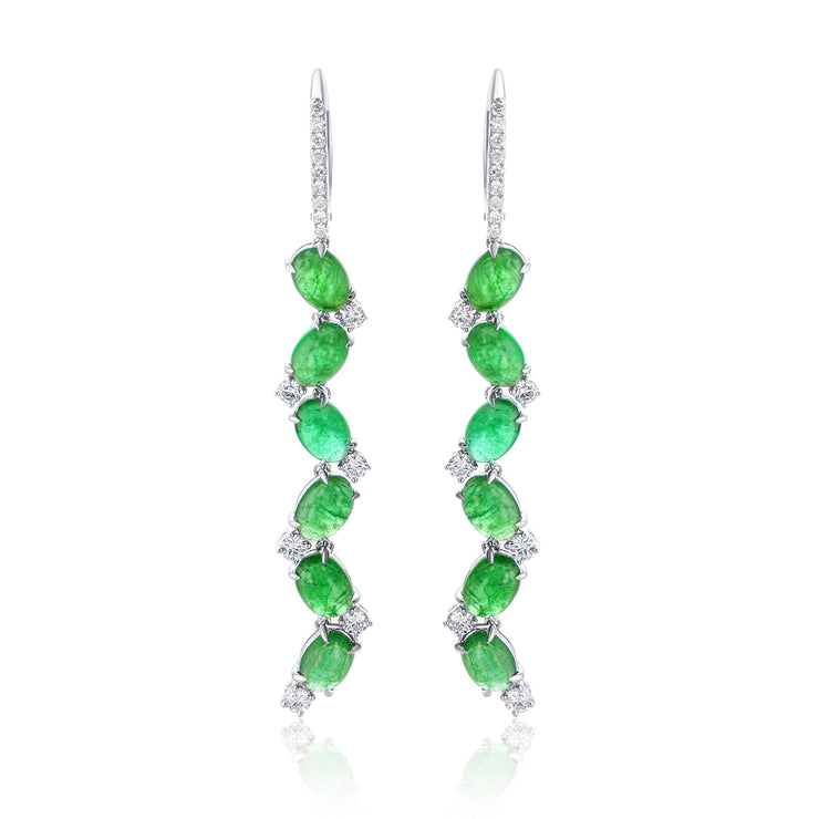 8.98 Carat Emerald and 1.44 Carat Natural Diamond Dangle Earrings in 14K White Gold