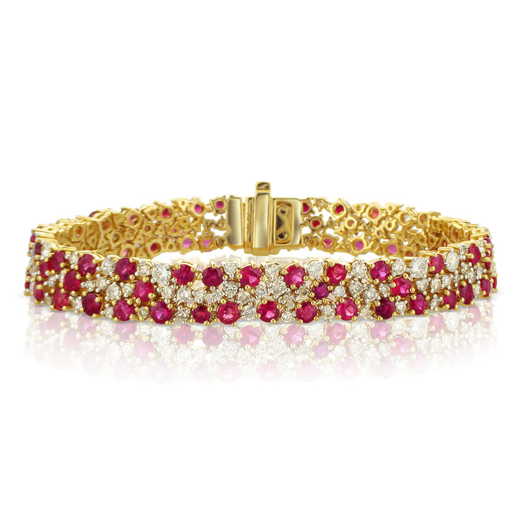 10.33 Carat Ruby & 4.27 Carat Natural Diamond Carpet Bracelet in 14K Yellow Gold