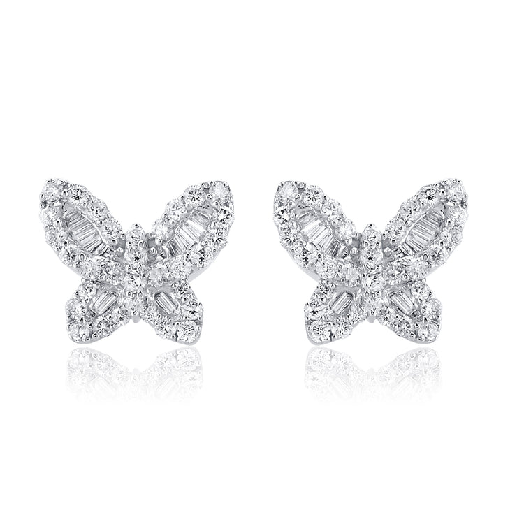 0.60 Carat Baguette and Round Diamond Butterfly Studs in 14K White Gold