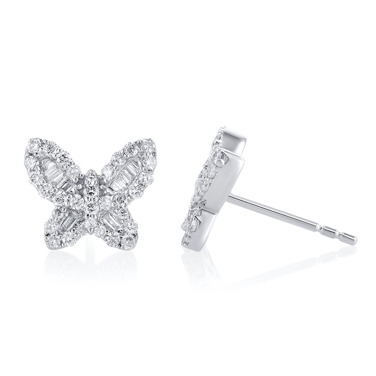 0.60 Carat Baguette and Round Diamond Butterfly Studs in 14K White Gold