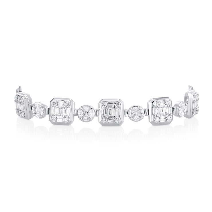 6.85 Carat  Square & Round Natural Diamond Cluster Bracelet in 18K White Gold