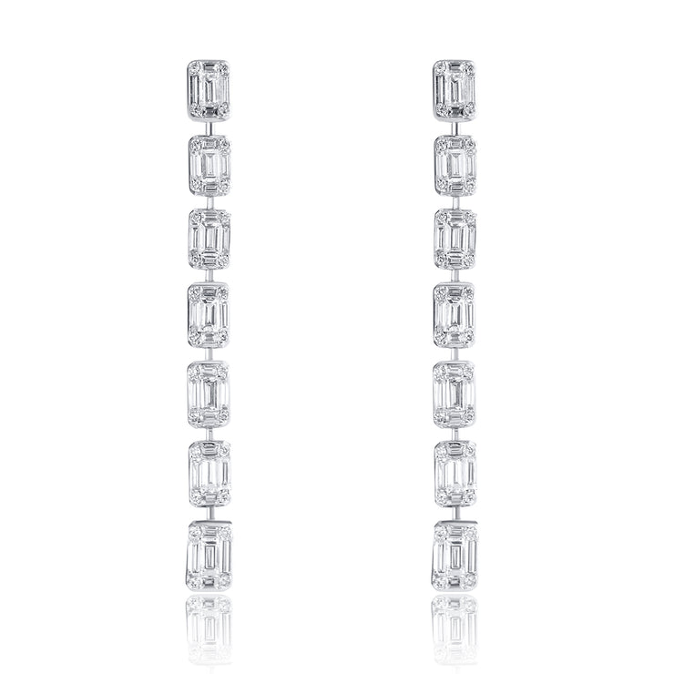 3.31 Carat Line Dangle Natural Diamond Earrings in 18K White Gold