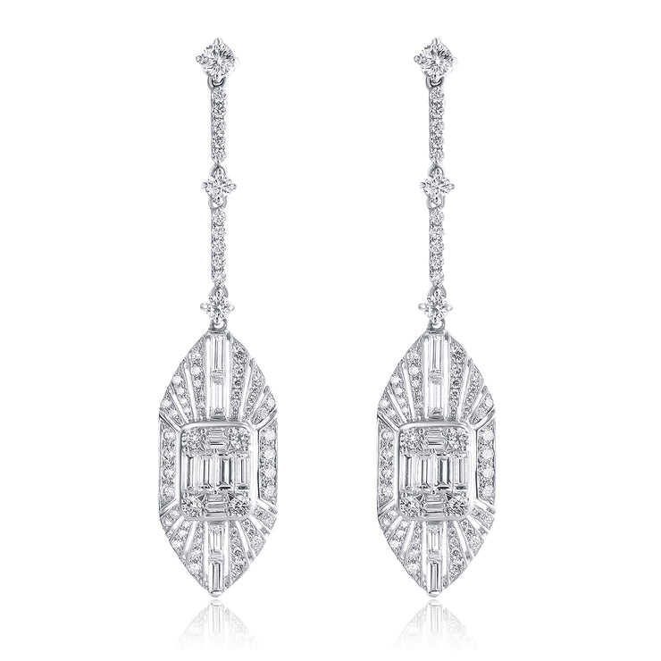 3.44 Carat Deco Natural Diamond Dangle Earrings In 18K White Gold