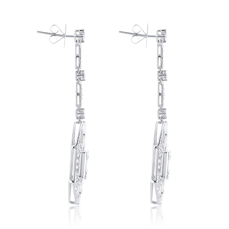 3.44 Carat Deco Natural Diamond Dangle Earrings In 18K White Gold