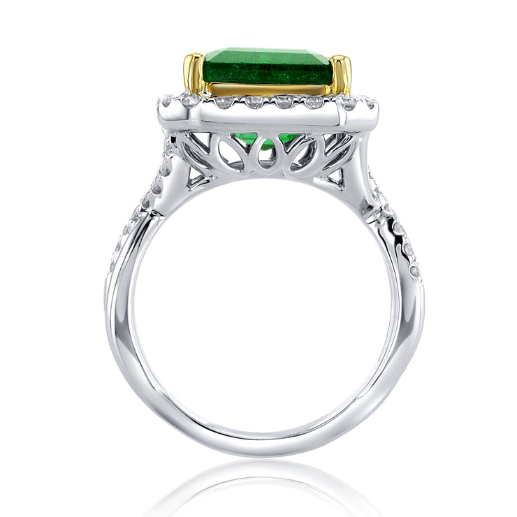 6.60 Carat Natural Emerald & Diamond Halo Ring in 18K White & Yellow Gold