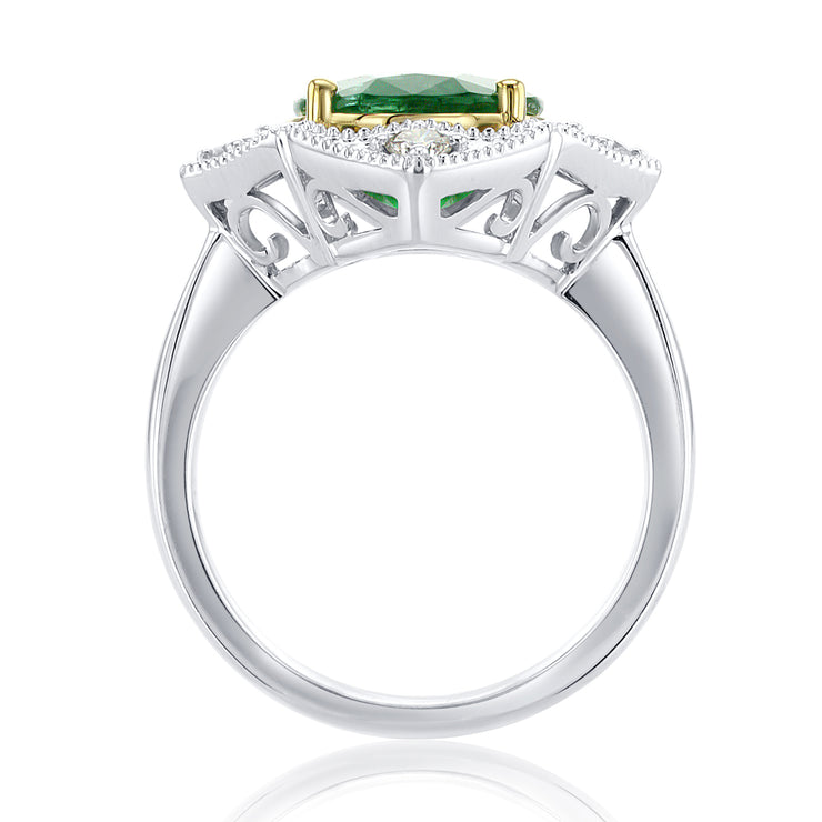 3.79 Carat Natural Emerald & Diamond Halo Ring in 18K White & Yellow Gold