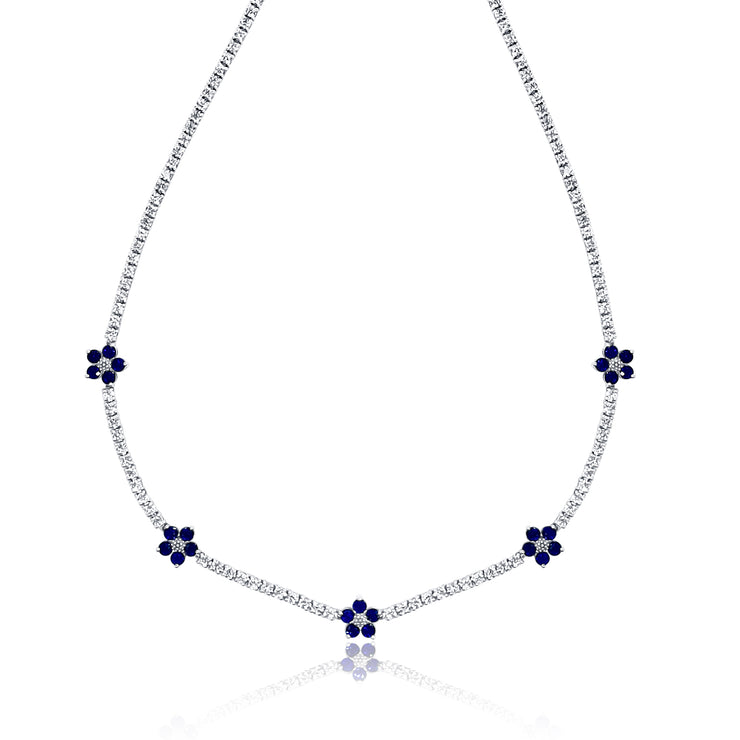 6.00 Cttw Round Diamond and Sapphire Flower Tennis Necklace set in 18K White Gold