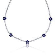 6.00 Cttw Round Diamond and Sapphire Flower Tennis Necklace set in 18K White Gold