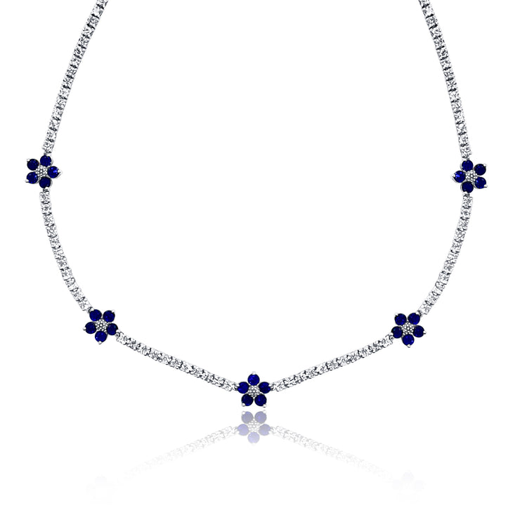 6.00 Cttw Round Diamond and Sapphire Flower Tennis Necklace set in 18K White Gold