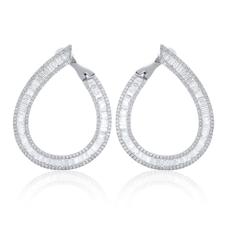 6.90 Carat Baguette and Round Diamond Fashion Hoop Earrings in 18K White Gold