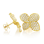 3.60 Carat Natural Diamond Pave Flower Earrings in 18K Yellow Gold