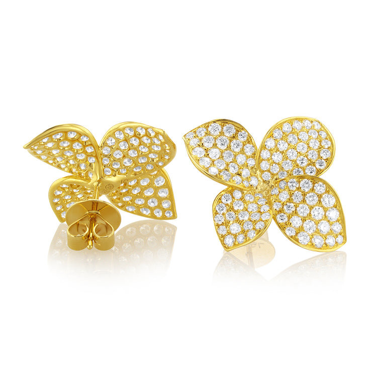 3.60 Carat Natural Diamond Pave Flower Earrings in 18K Yellow Gold