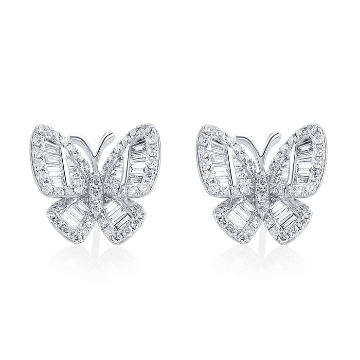 1.18 Carat Baguette and Round Diamond Butterfly Studs in 18K White Gold