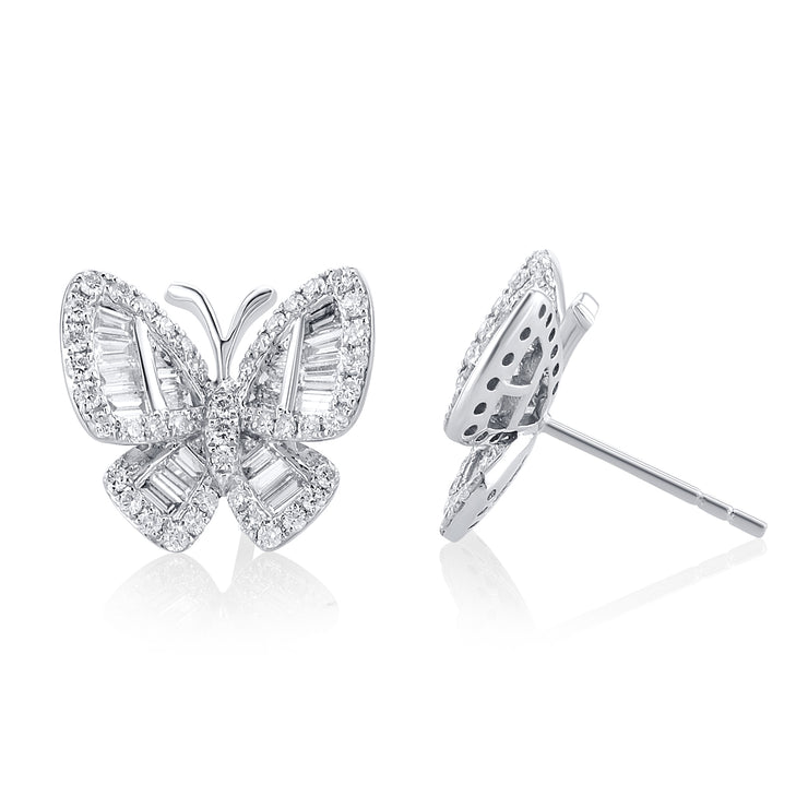 1.18 Carat Baguette and Round Diamond Butterfly Studs in 18K White Gold