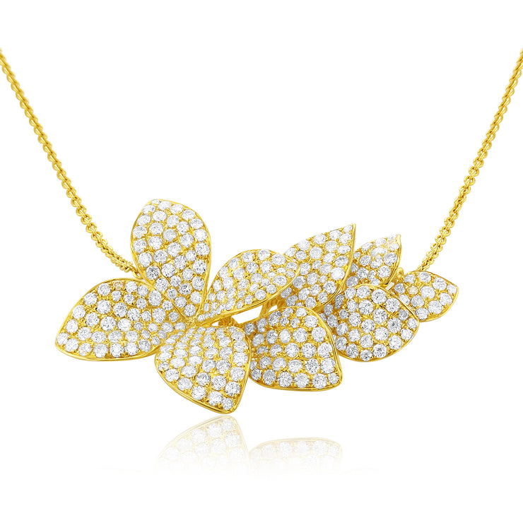 3.73 Carat Natural Diamond Pave Flower Necklace 16" in 18K Yellow Gold