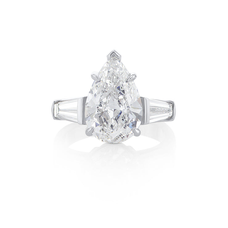 3.51 CT Pear Cut Diamond and 1.41 Cttw Tapered Baguette Three Stone Platinum Engagement Ring