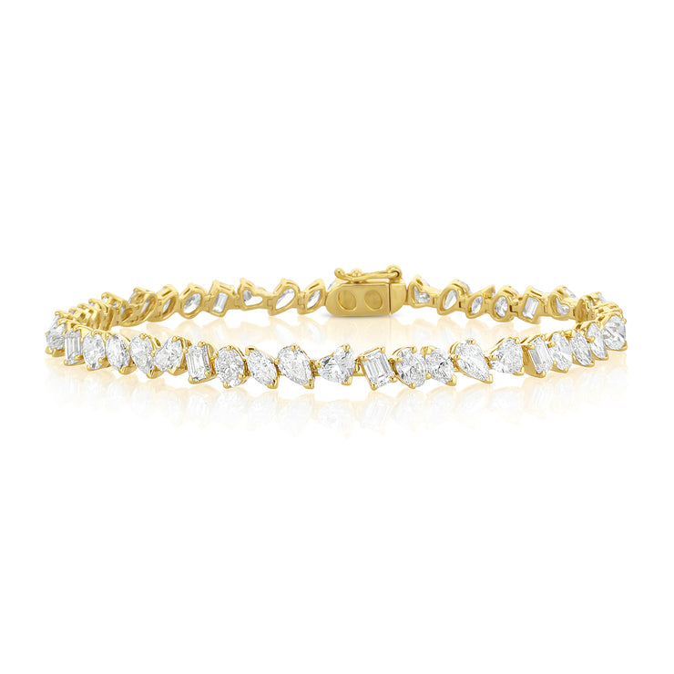 9.15 Carat Mixed Fancy Shape Diamond Line Bracelet set in 18K Yellow Gold