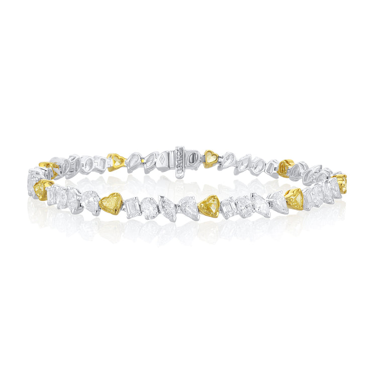 9.15 Carat Fancy Shape and Fancy Yellow Heart Diamond Bracelet set in 18K Gold