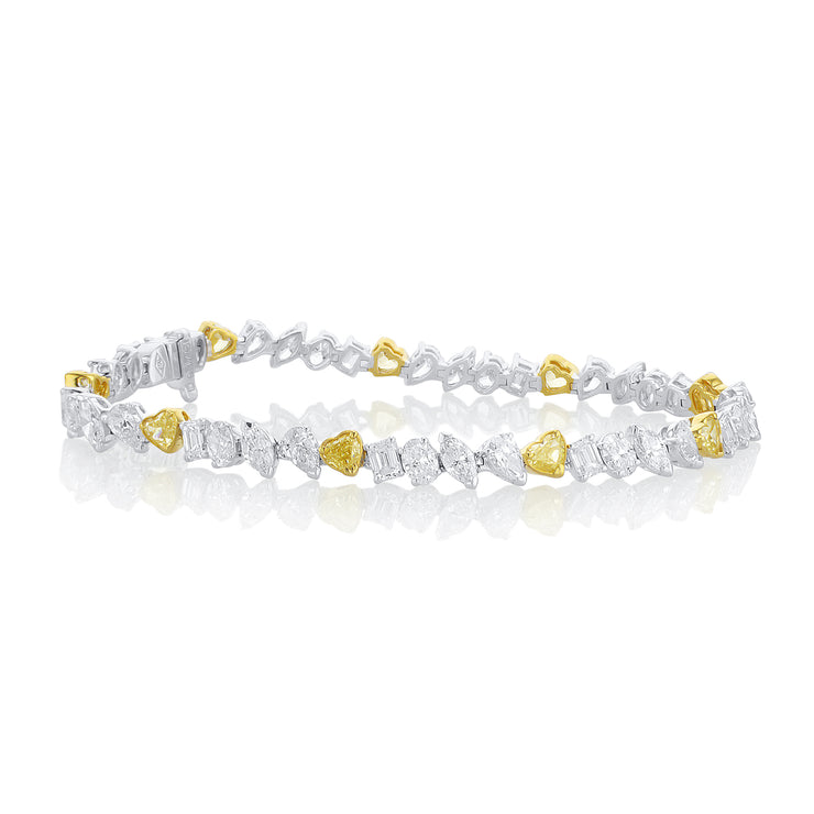 9.15 Carat Fancy Shape and Fancy Yellow Heart Diamond Bracelet set in 18K Gold