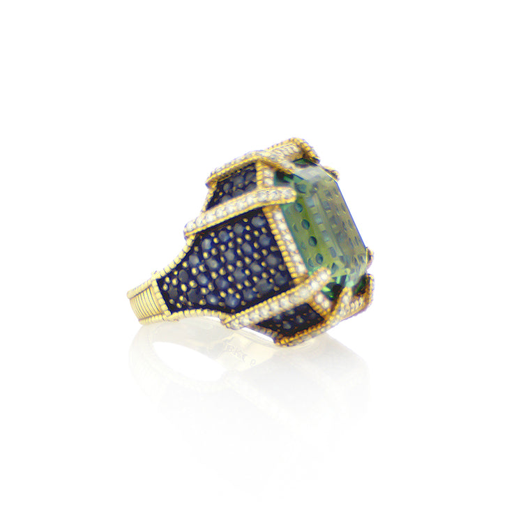 14.00 CT Green Quartz, 2.96 Cttw Blue Sapphire, & 0.34 Cttw Diamond 18K Yellow Gold Fashion Ring