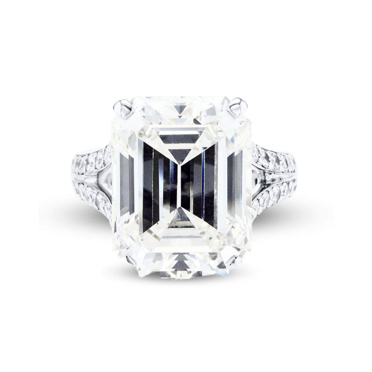 12.64 CT Emerald Cut and 1.00 Cttw Diamond Split Shank Pavé Platinum Engagement Ring
