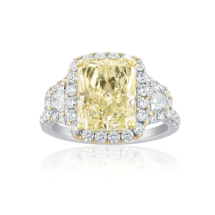 4.00 Carat Fancy Yellow Radiant Diamond and Trapezoid Ring GIA Certified set in 18K Gold