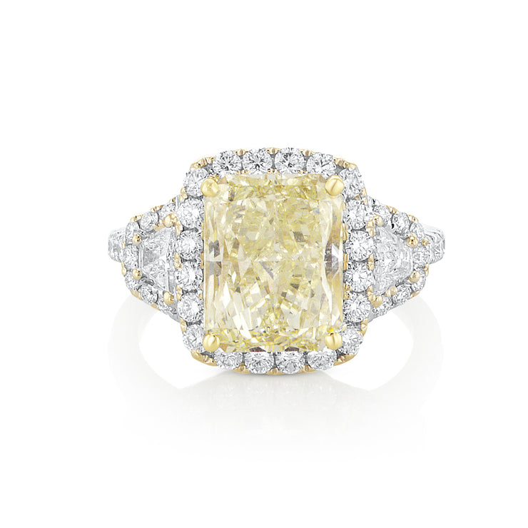 4.00 Carat Fancy Yellow Radiant Diamond and Trapezoid Ring GIA Certified set in 18K Gold