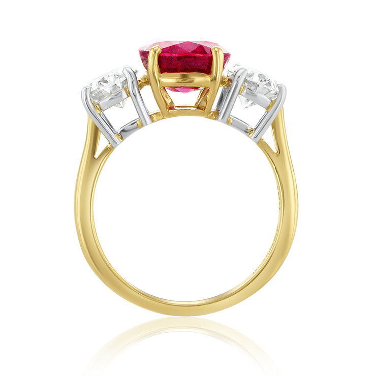 4.00 Carat Heated Ruby and 1.80 Carat Diamond Three-Stone Oval Ring set in Platinum and Gold