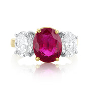 4.00 Carat Heated Ruby and 1.80 Carat Diamond Three-Stone Oval Ring set in Platinum and Gold