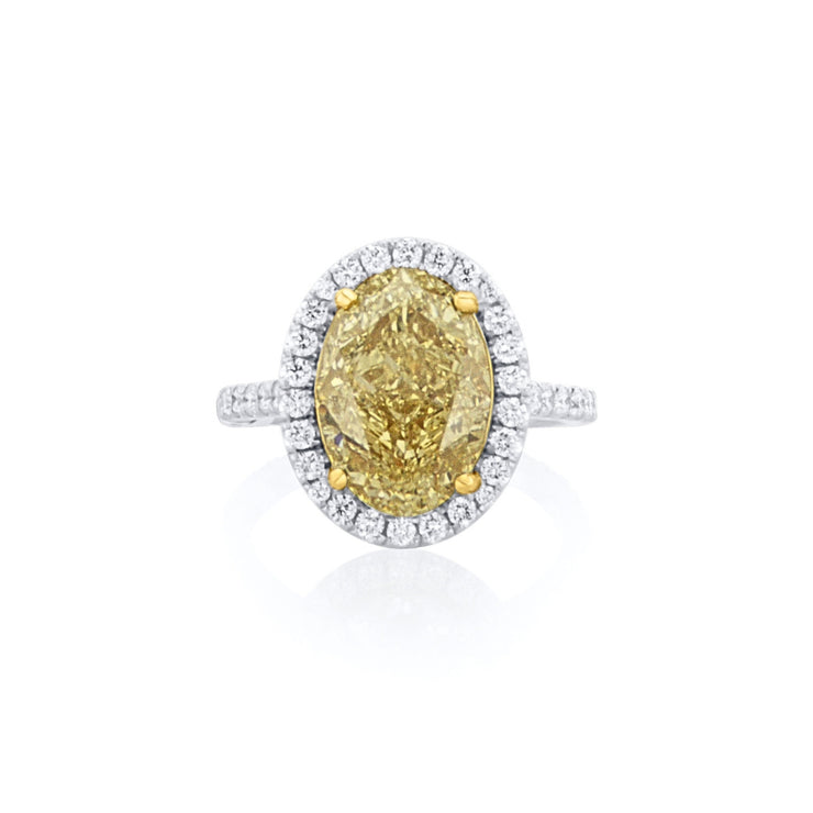 2.79 CT Oval Cut Yellow Diamond and 0.83 Cttw Halo 18K Two Tone Gold Engagement Ring