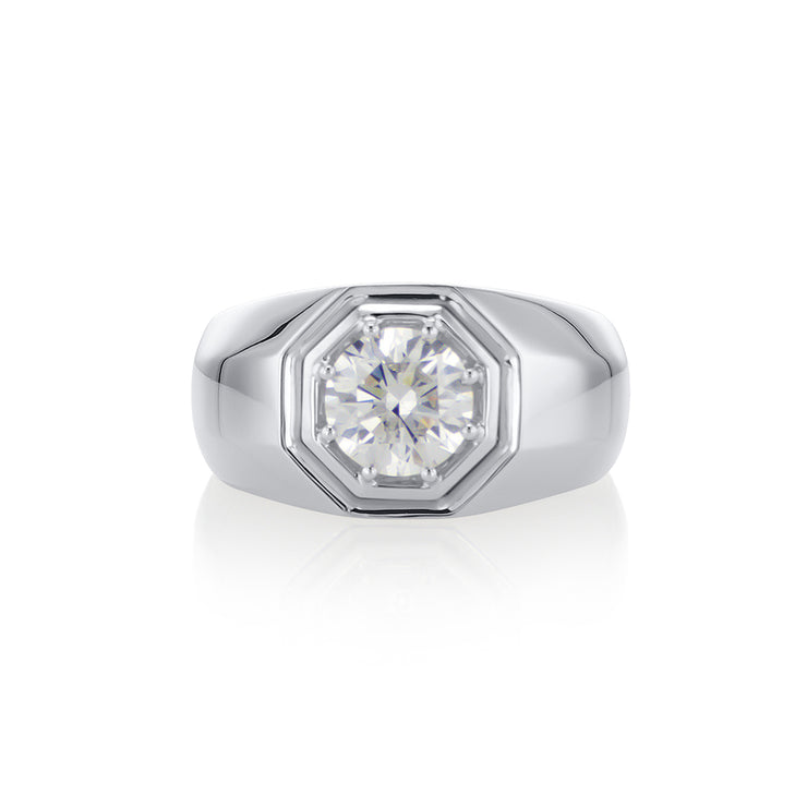 2.00 CT Round Lab-Grown Diamond Octagonal Bezel 14K White Gold Men's Ring