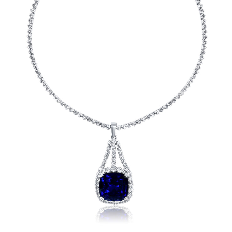 30.00 Cttw Cushion Tanzanite and 10.50 Cttw Diamond Fashion Necklace set in 18K White Gold