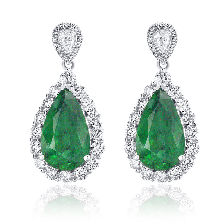 8.17 Carat Round & Pear Natural Diamond & Green Emerald Earrings in 18K White Gold