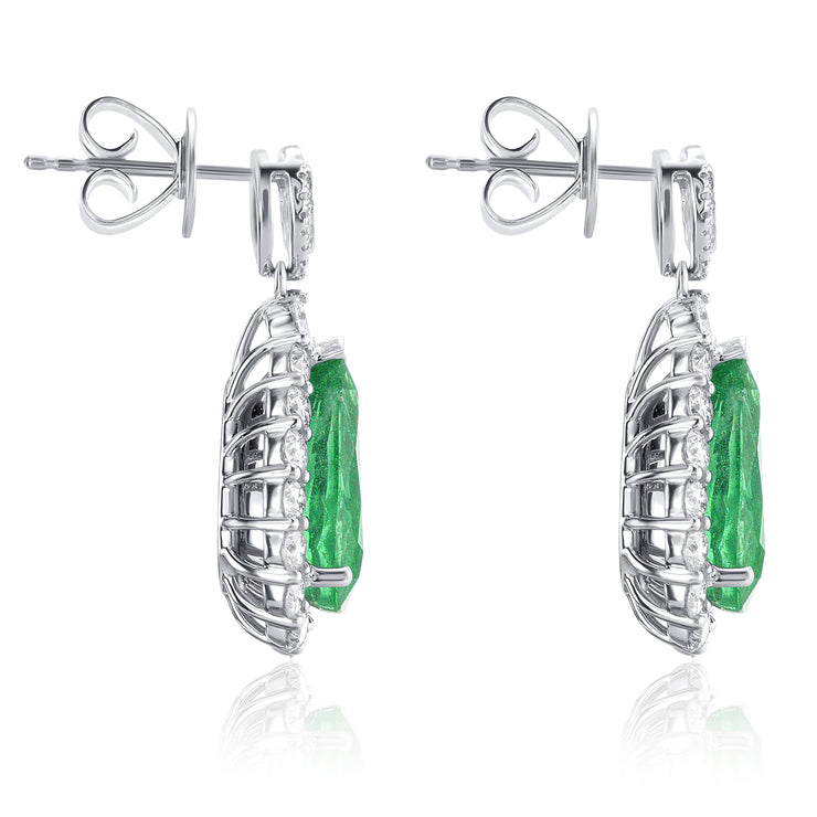 8.17 Carat Round & Pear Natural Diamond & Green Emerald Earrings in 18K White Gold