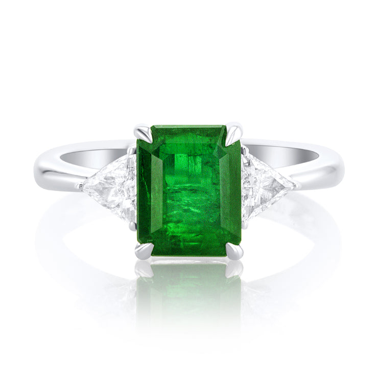 2.73 Carat Trillion Natural Diamond &  Green Emerald Ring Set in 14K White Gold