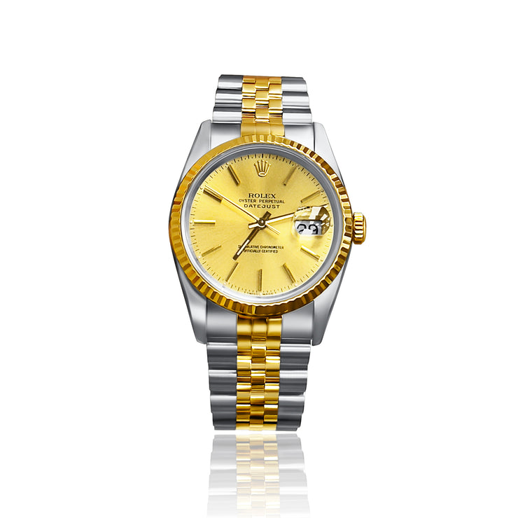 Pre-owned Rolex Two-Toned Men's Datejust Gold Dial Fluted Bezel.