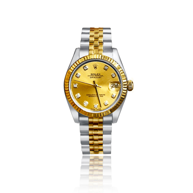 Pre-owned Rolex Two-Tone Ladies Datejust Diamond Gold Dial with Fluted Bezel