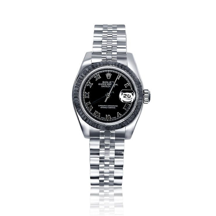 Pre-Owned Rolex Datejust with Black Roman Dial and Fluted Bezel Stainless Steel