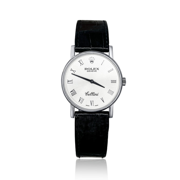 Pre-Owned Rolex Cellini Silver Dial with Black Leather Strap White Gold