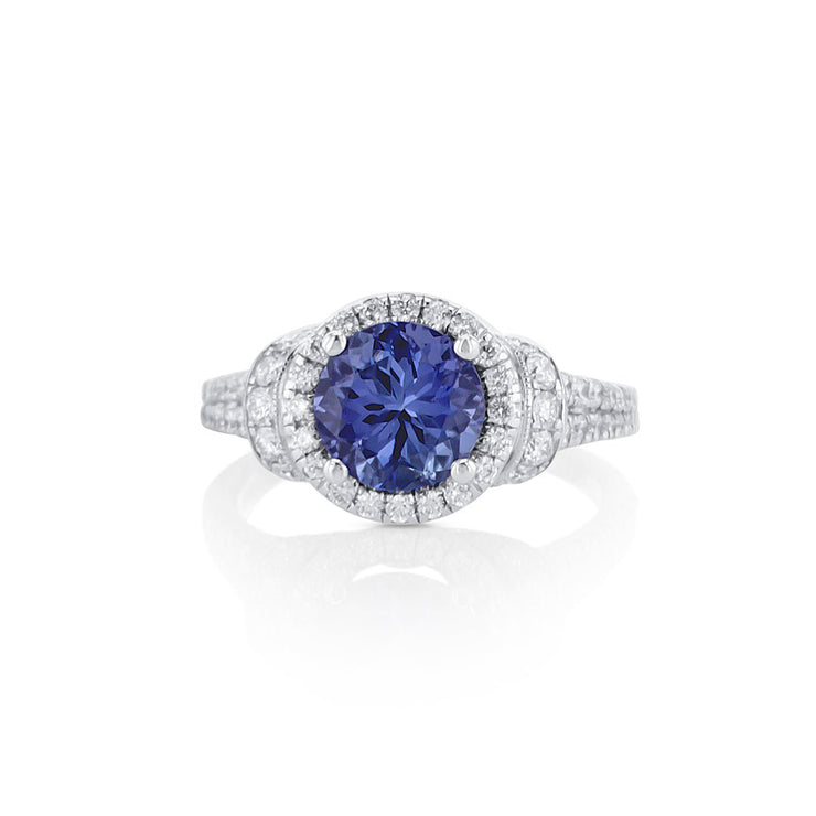 Blue Tanzanite and Diamond Halo Ring - The Diamond Factory