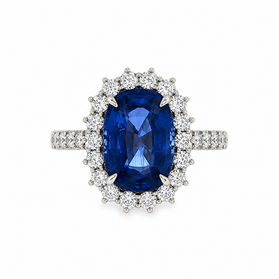 Oval Cut Natural Royal Blue Sapphire Halo Ring