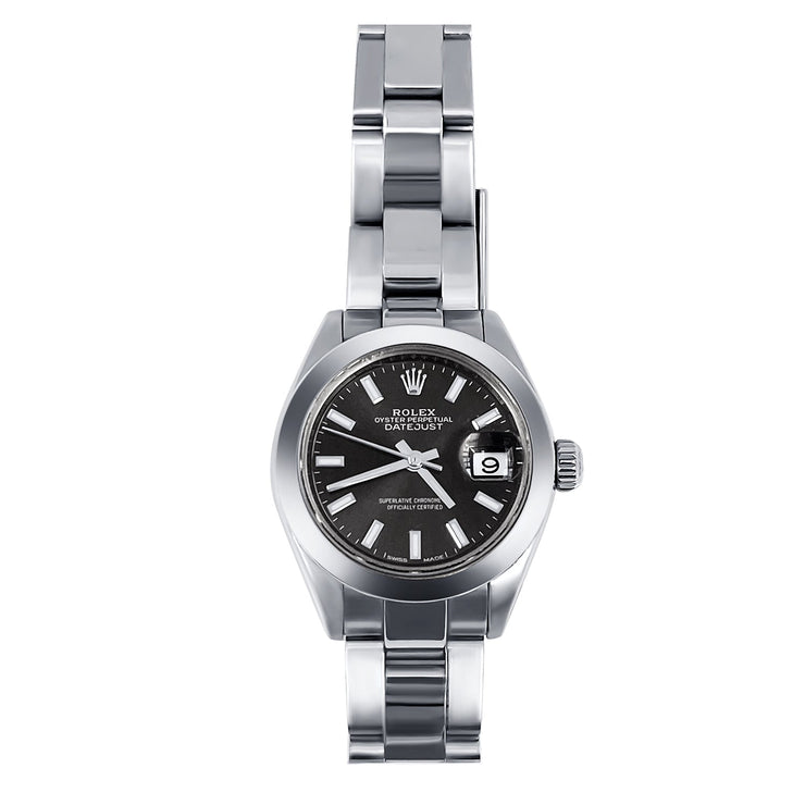 Pre - Owned 28mm Ladies Rolex Dark Rhodium Dial Stainless Steel - The Diamond Factory